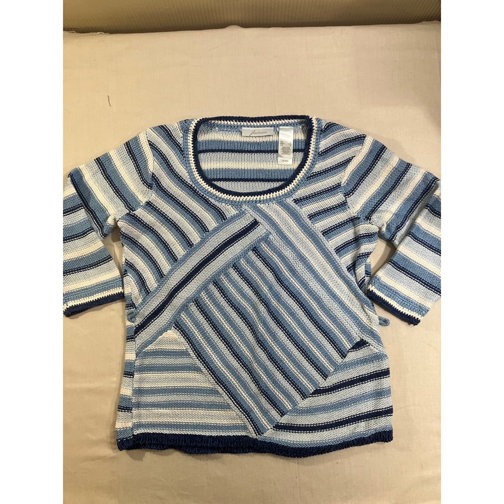 JH Collectibles Womens Blue Striped Cotton Blend Scoop Neck Sweater‎ Size S